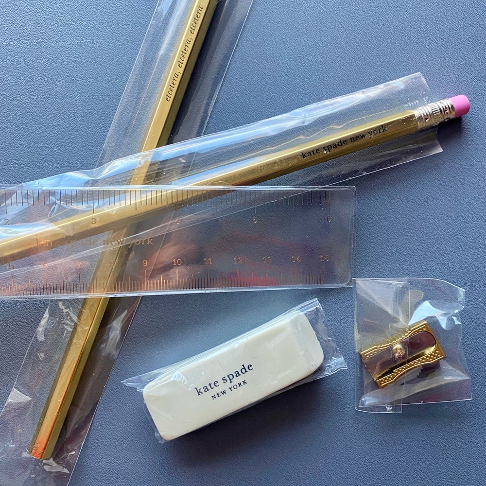 NWT Kate Spade Gold Pencil Set with Eraser and Sharpener
